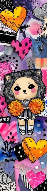 Free kawaii bookmark featuring a cheerleader dog with orange hearts